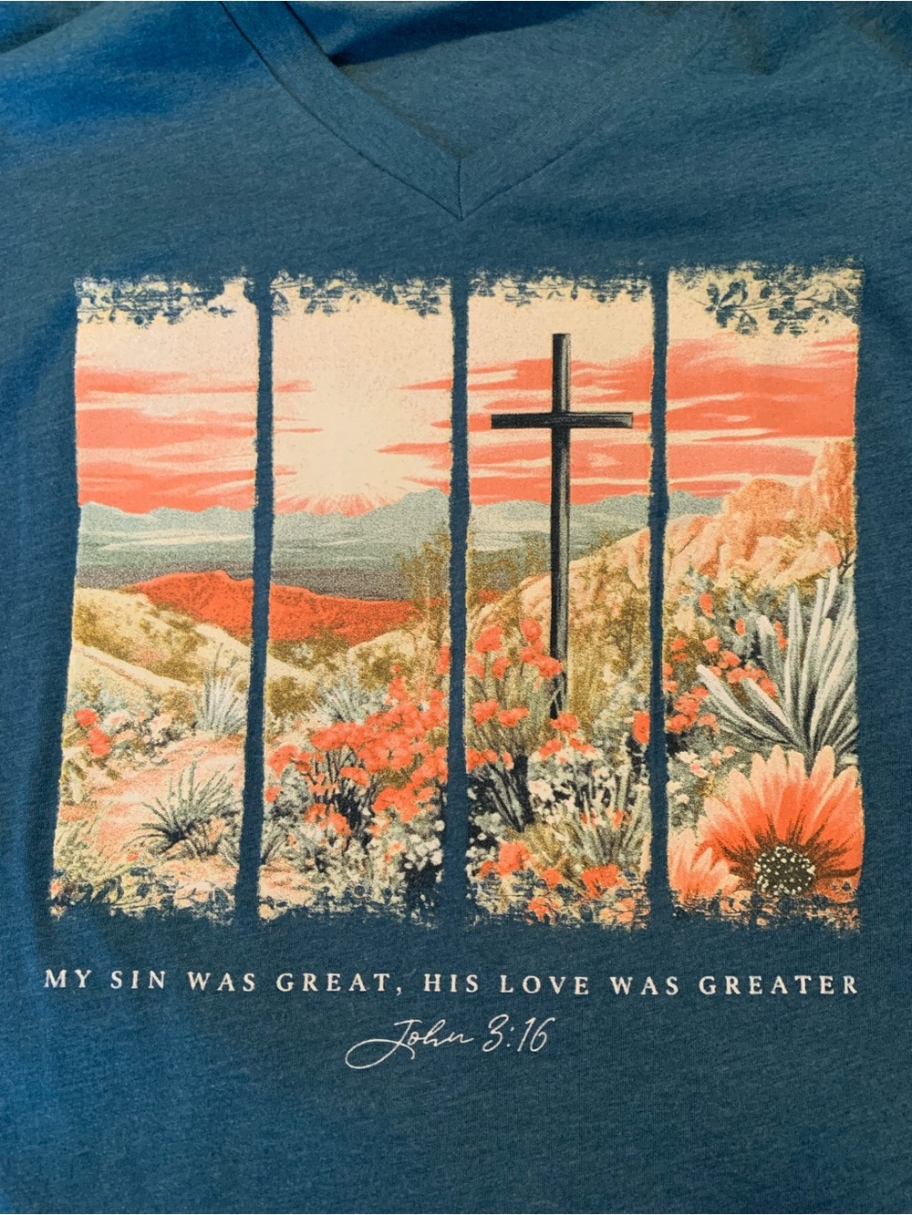 NWOT Women's Blue Christian Graphic Tee - Scenic Cross Design - Picture 2 of 3